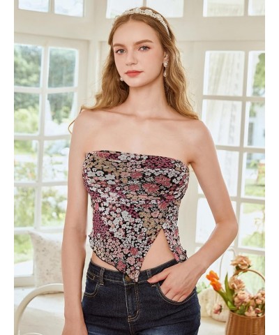 Women Floral Mesh Strapless Ruched Tube Top Split Hem Sleeveless Bandeau Crop Tops Floral Black $11.39 Tanks