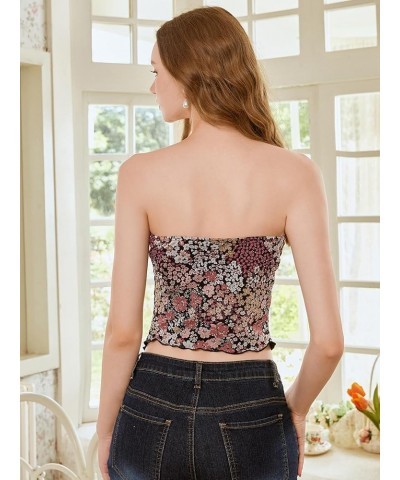 Women Floral Mesh Strapless Ruched Tube Top Split Hem Sleeveless Bandeau Crop Tops Floral Black $11.39 Tanks