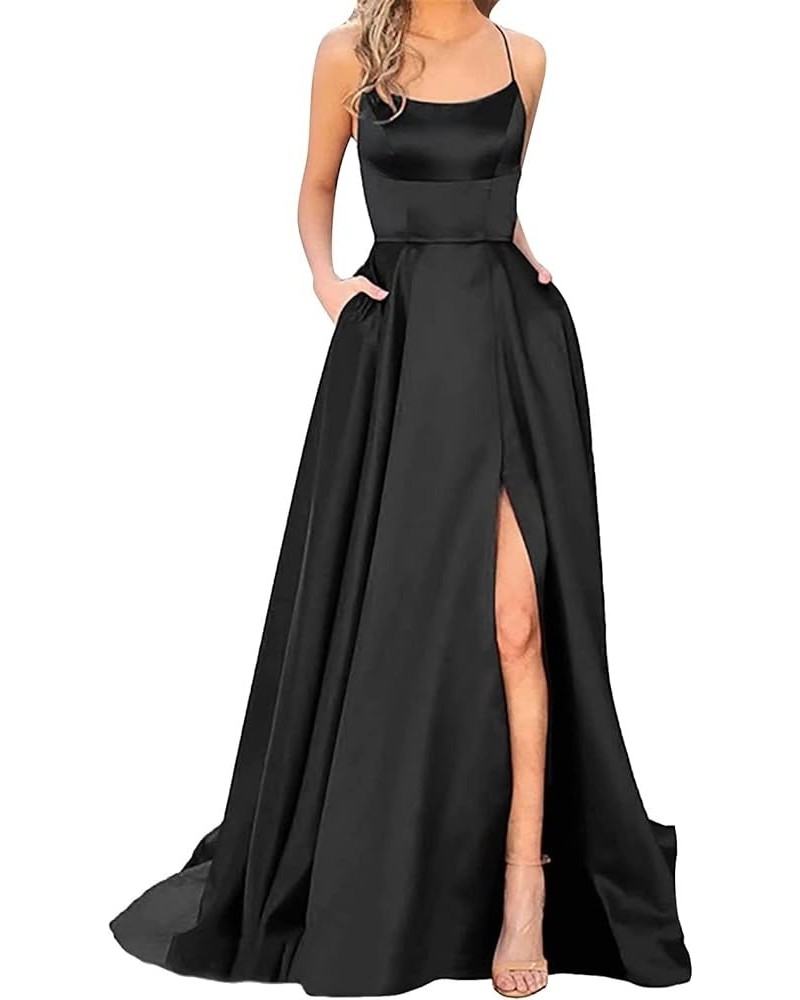 Prom Dresses Ladies Long Women Elegant Backless Long DressesCrisn Satin Spaghetti Party Prom Dress Side Lady Meat Black $15.5...