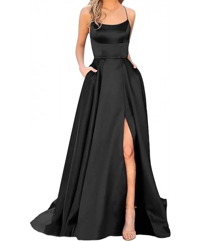 Prom Dresses Ladies Long Women Elegant Backless Long DressesCrisn Satin Spaghetti Party Prom Dress Side Lady Meat Black $15.5...