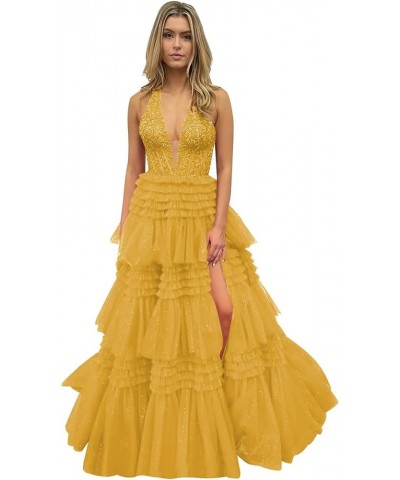 Glitter Tulle Tiered Prom Dresses for Women V Neck Lace Applique Ball Gown with Slit Mustard Yellow $50.34 Dresses