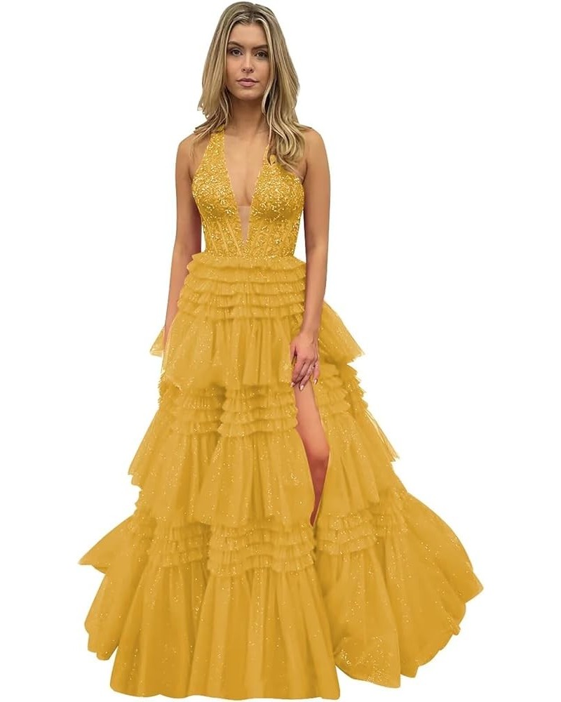 Glitter Tulle Tiered Prom Dresses for Women V Neck Lace Applique Ball Gown with Slit Mustard Yellow $50.34 Dresses