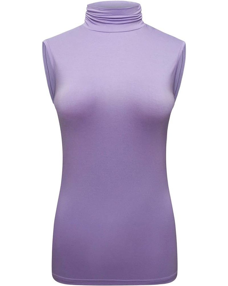 Women's Sleeveless Turtleneck T-Shirt Basic Stretch Layer Comfy High Neck Tank Top Light Purple $10.51 Tanks