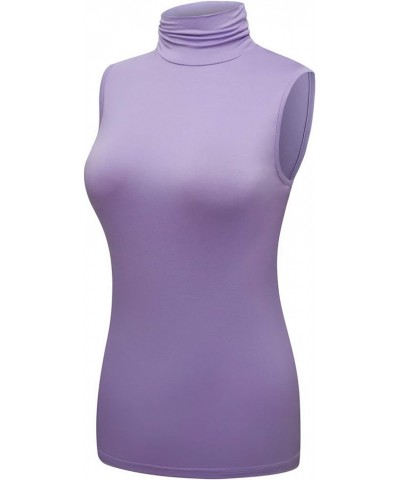 Women's Sleeveless Turtleneck T-Shirt Basic Stretch Layer Comfy High Neck Tank Top Light Purple $10.51 Tanks