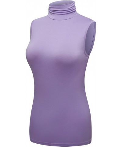 Women's Sleeveless Turtleneck T-Shirt Basic Stretch Layer Comfy High Neck Tank Top Light Purple $10.51 Tanks