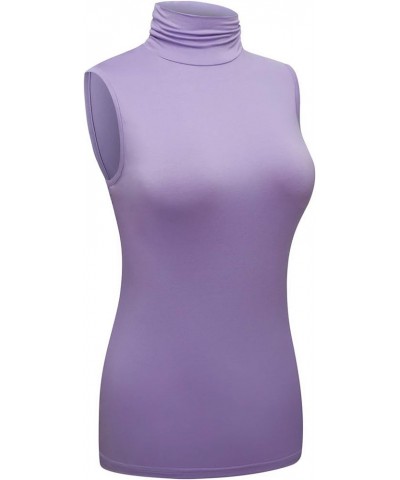 Women's Sleeveless Turtleneck T-Shirt Basic Stretch Layer Comfy High Neck Tank Top Light Purple $10.51 Tanks