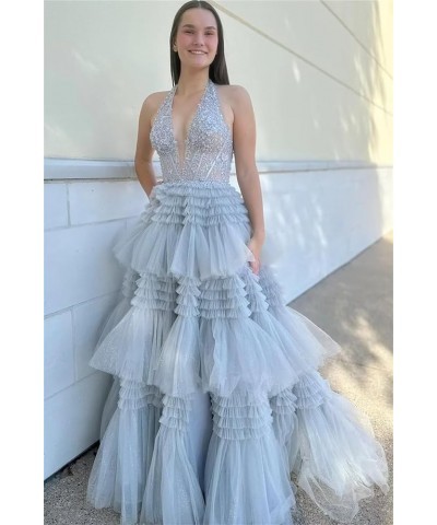 Glitter Tulle Tiered Prom Dresses for Women V Neck Lace Applique Ball Gown with Slit Mustard Yellow $50.34 Dresses