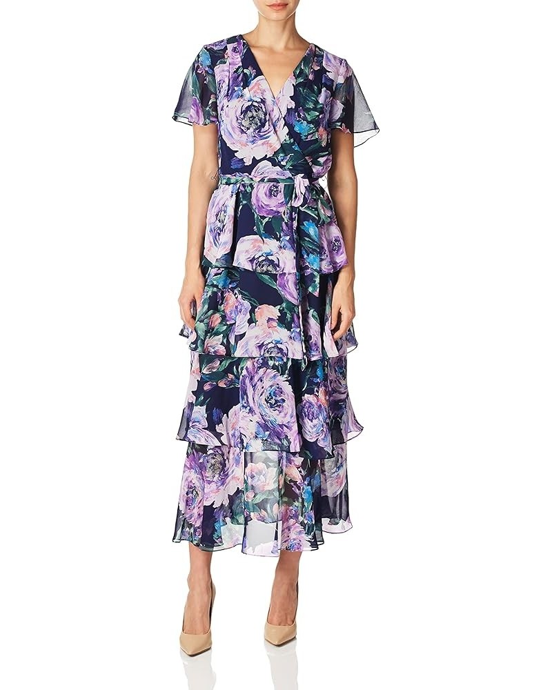 Women's Long Short Sleeve Pebble Tier Maxi Wrap Dress Floral and Navy $40.59 Dresses