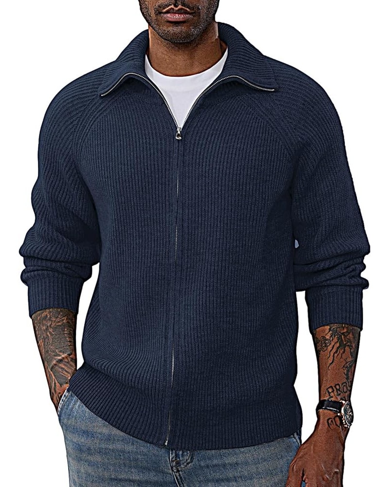 Men's Full Zip Cardigan Sweaters Unisex Relax Fit Lapel Collar Raglan Sleeve Casual Ribbed Sweater Navy $25.48 Sweaters