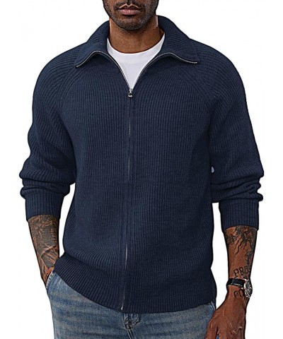 Men's Full Zip Cardigan Sweaters Unisex Relax Fit Lapel Collar Raglan Sleeve Casual Ribbed Sweater Navy $25.48 Sweaters