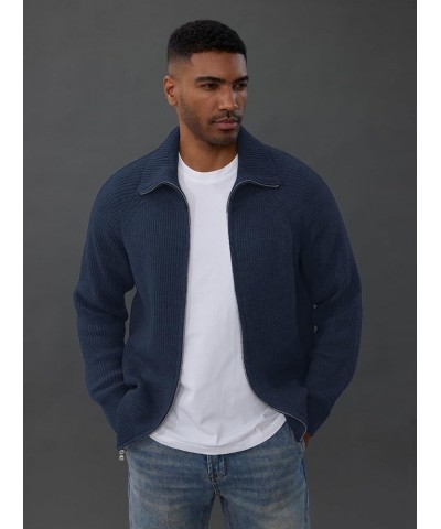 Men's Full Zip Cardigan Sweaters Unisex Relax Fit Lapel Collar Raglan Sleeve Casual Ribbed Sweater Navy $25.48 Sweaters