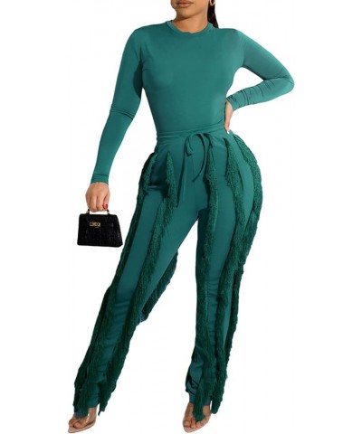 Women 2 Piece Outfits Jumpsuit - Long Sleeve Crewneck Sweatshirt Fringe High Waisted Pants Sweatsuit Set Green $25.99 Activewear