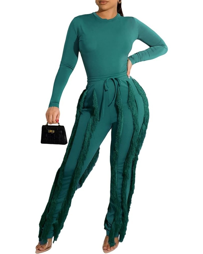 Women 2 Piece Outfits Jumpsuit - Long Sleeve Crewneck Sweatshirt Fringe High Waisted Pants Sweatsuit Set Green $25.99 Activewear