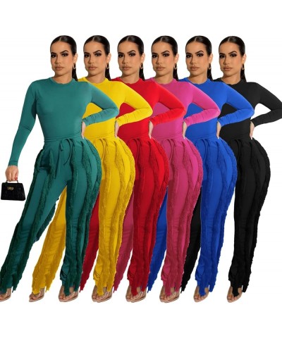 Women 2 Piece Outfits Jumpsuit - Long Sleeve Crewneck Sweatshirt Fringe High Waisted Pants Sweatsuit Set Green $25.99 Activewear