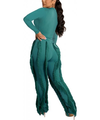 Women 2 Piece Outfits Jumpsuit - Long Sleeve Crewneck Sweatshirt Fringe High Waisted Pants Sweatsuit Set Green $25.99 Activewear