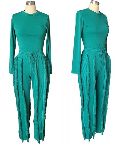 Women 2 Piece Outfits Jumpsuit - Long Sleeve Crewneck Sweatshirt Fringe High Waisted Pants Sweatsuit Set Green $25.99 Activewear