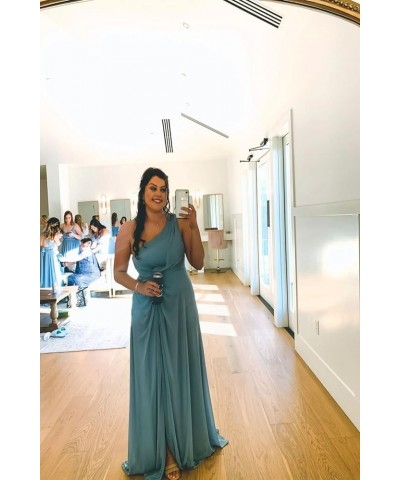 One Shoulder Chiffon Bridesmaid Dresses with Slit Long Pleated A-line Formal Party Dress with Pockets RO044 Sky Blue $27.88 D...