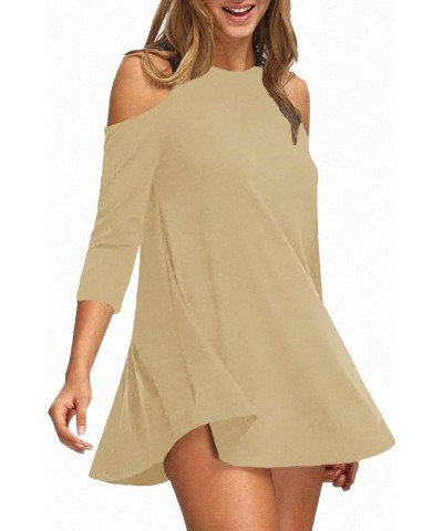 Womens Cold Shoulder 3/4 Sleeve Swing Tunic Tops for Leggings Tan $9.99 Tops