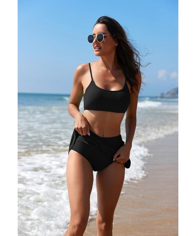 Women's High Waisted Bikini Set 2 Piece Swimsuit Scoop Neck Bikini Top with Swim Skirt Athletic Bathing Suit Black $18.54 Swi...