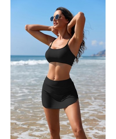 Women's High Waisted Bikini Set 2 Piece Swimsuit Scoop Neck Bikini Top with Swim Skirt Athletic Bathing Suit Black $18.54 Swi...