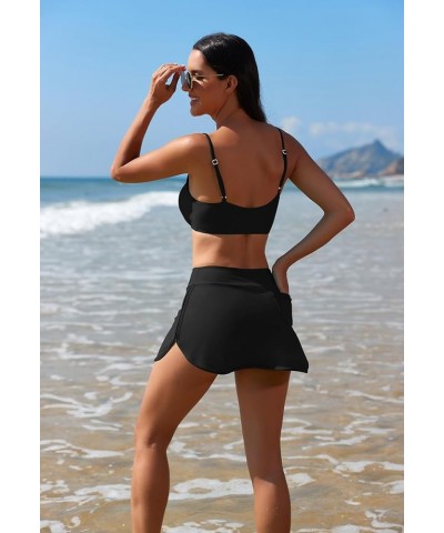 Women's High Waisted Bikini Set 2 Piece Swimsuit Scoop Neck Bikini Top with Swim Skirt Athletic Bathing Suit Black $18.54 Swi...