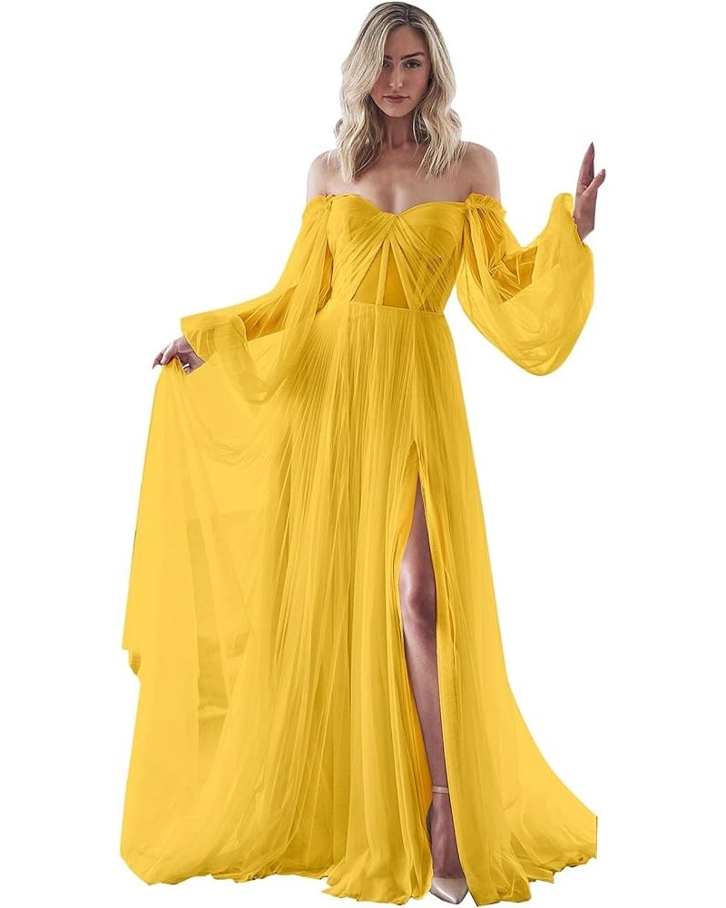 Strapless Prom Dress Long Bell Sleeve Sheer Corset Top A Line Tulle Wedding Dresses for Bride Evening Gowns Mustard Yellow $3...