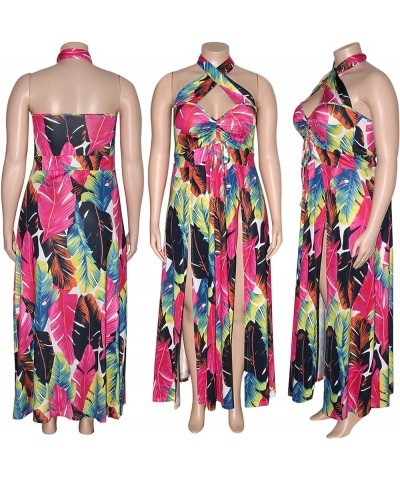 Women's Sexy Plus Size Halter Neck Floral Print Split Beach Party Maxi Dress Red $27.83 Dresses