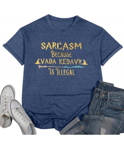 Magic T-Shirt Women Funny Sarcasm Letter Graphic Tee Casual Holiday Magic School Short Sleeve Tops Blue $10.66 Tops