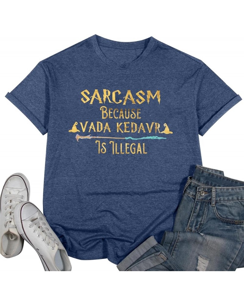 Magic T-Shirt Women Funny Sarcasm Letter Graphic Tee Casual Holiday Magic School Short Sleeve Tops Blue $10.66 Tops