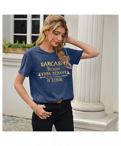 Magic T-Shirt Women Funny Sarcasm Letter Graphic Tee Casual Holiday Magic School Short Sleeve Tops Blue $10.66 Tops