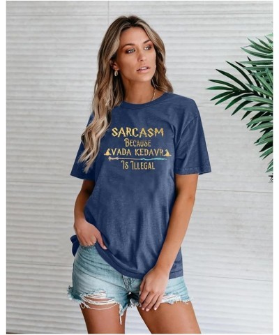 Magic T-Shirt Women Funny Sarcasm Letter Graphic Tee Casual Holiday Magic School Short Sleeve Tops Blue $10.66 Tops