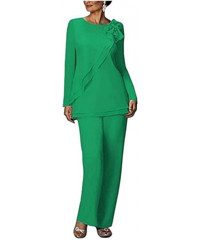 2 PC Chiffon Long Sleeve Bow-Knot Women Pant Suits Mother of The Bride Wedding Evening Groom Gowns Green $26.65 Suits