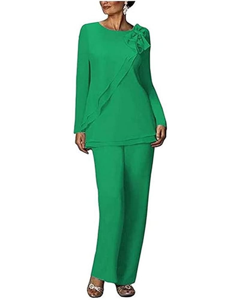 2 PC Chiffon Long Sleeve Bow-Knot Women Pant Suits Mother of The Bride Wedding Evening Groom Gowns Green $26.65 Suits