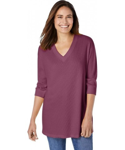 Women's Plus Size Three-Quarter Sleeve Thermal Waffle Sweatshirt Deep Claret $20.40 Hoodies & Sweatshirts