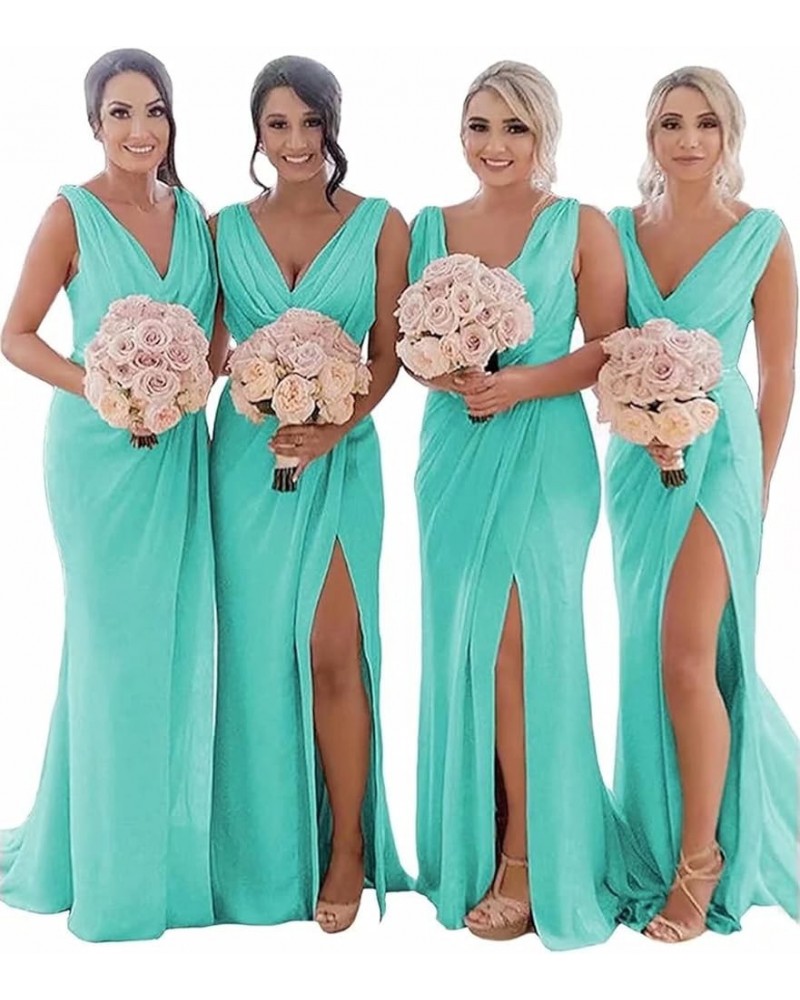 Women's V Neck Chiffon Bridesmaid Dresses for Wedding Long High Split Elegent Formal Gowns and Evening Dresses Turquoise $32....