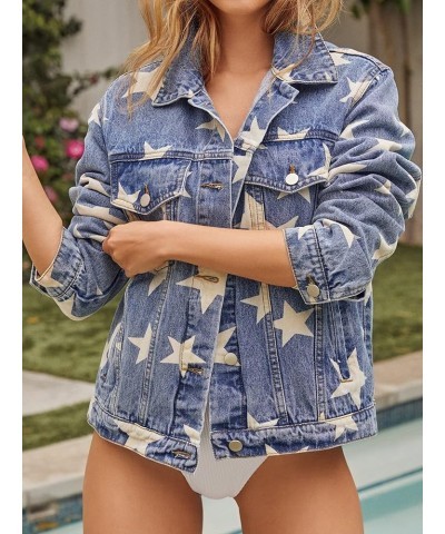 Women's Oversized Vintage Denim Jacket Long Sleeve Boyfriend Coat Blue Washed With Stars $20.87 Jackets