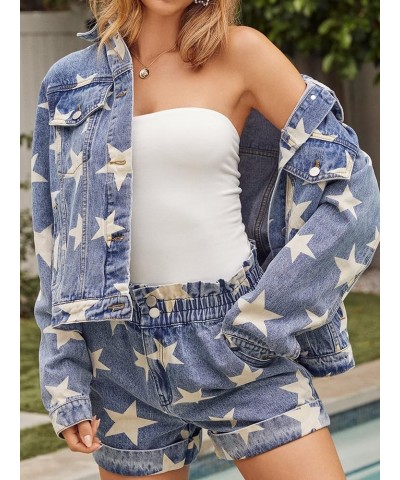 Women's Oversized Vintage Denim Jacket Long Sleeve Boyfriend Coat Blue Washed With Stars $20.87 Jackets