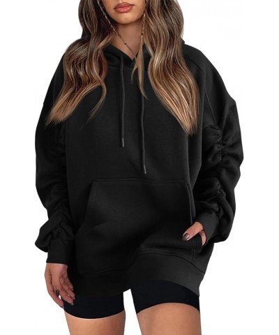 Women's Hoodie Oversized Sweatshirt Ruched Long Sleeve Loose Drawstring Pullover With Pocket Black $10.19 Hoodies & Sweatshirts