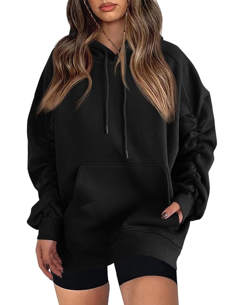 Women's Hoodie Oversized Sweatshirt Ruched Long Sleeve Loose Drawstring Pullover With Pocket Black $10.19 Hoodies & Sweatshirts