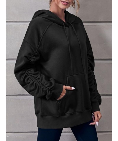 Women's Hoodie Oversized Sweatshirt Ruched Long Sleeve Loose Drawstring Pullover With Pocket Black $10.19 Hoodies & Sweatshirts