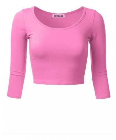 Women's 3/4 Sleeve Scoop Neck Cotton Slim Fit Crop Top (S-1XL) Stt009_hotpink $9.35 Tees