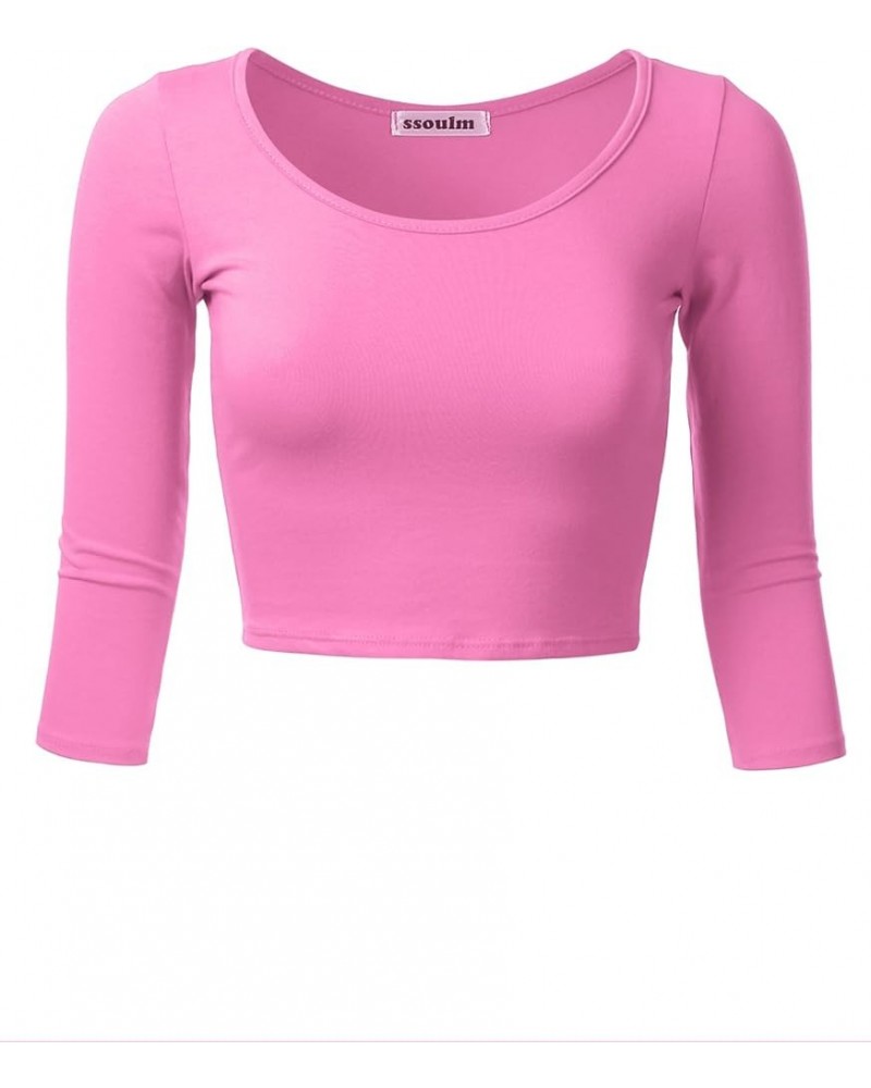 Women's 3/4 Sleeve Scoop Neck Cotton Slim Fit Crop Top (S-1XL) Stt009_hotpink $9.35 Tees