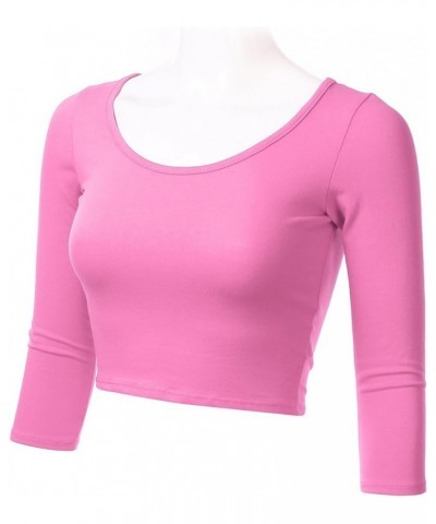 Women's 3/4 Sleeve Scoop Neck Cotton Slim Fit Crop Top (S-1XL) Stt009_hotpink $9.35 Tees