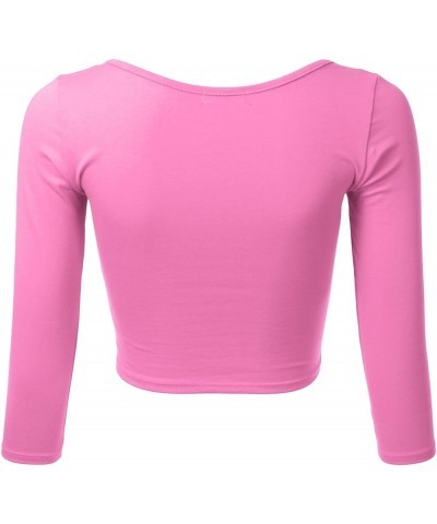 Women's 3/4 Sleeve Scoop Neck Cotton Slim Fit Crop Top (S-1XL) Stt009_hotpink $9.35 Tees