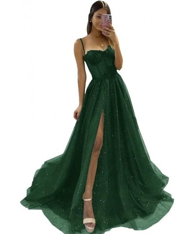 Glitter Tulle Prom Dresses 2024 for Teens with Slit Spaghetti Straps Floral Lace Formal Evening Gowns Emerald Green $30.40 Dr...