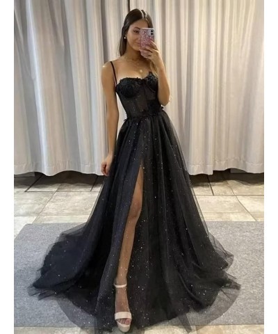 Glitter Tulle Prom Dresses 2024 for Teens with Slit Spaghetti Straps Floral Lace Formal Evening Gowns Emerald Green $30.40 Dr...