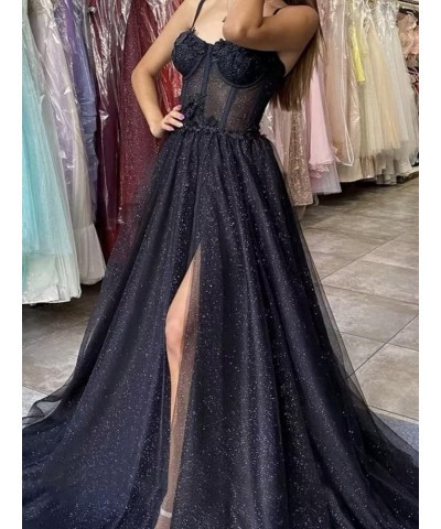 Glitter Tulle Prom Dresses 2024 for Teens with Slit Spaghetti Straps Floral Lace Formal Evening Gowns Emerald Green $30.40 Dr...