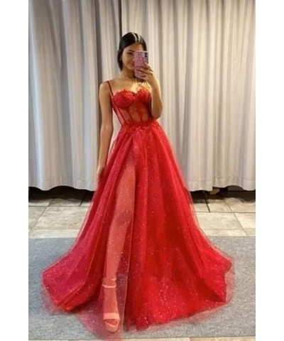 Glitter Tulle Prom Dresses 2024 for Teens with Slit Spaghetti Straps Floral Lace Formal Evening Gowns Emerald Green $30.40 Dr...