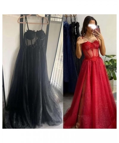 Glitter Tulle Prom Dresses 2024 for Teens with Slit Spaghetti Straps Floral Lace Formal Evening Gowns Emerald Green $30.40 Dr...