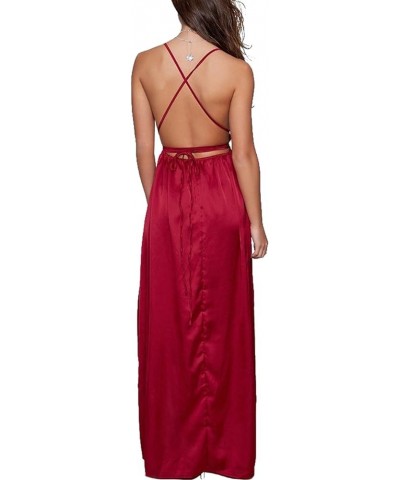 Women's Satin Dress Sexy V Neck Backless Split Long Maxi Cocktail Party Dress Wine $30.10 Dresses